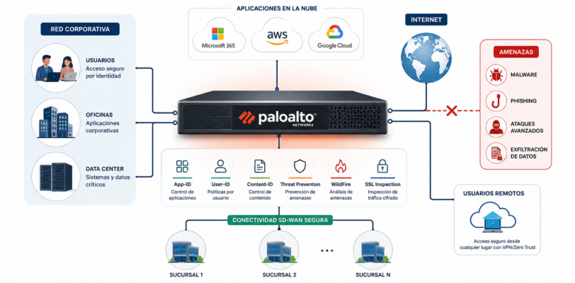 Diagrama de una red empresarial protegida con un Firewall Palo Alto Networks que muestra la inspección de aplicaciones, usuarios, tráfico cifrado y amenazas en una infraestructura corporativa.