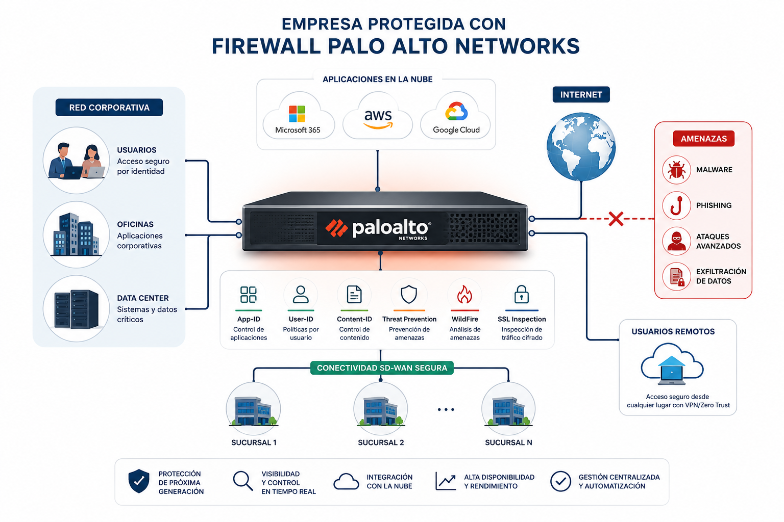 Diagrama de una red empresarial protegida con un Firewall Palo Alto Networks que muestra la inspección de aplicaciones, usuarios, tráfico cifrado y amenazas en una infraestructura corporativa.