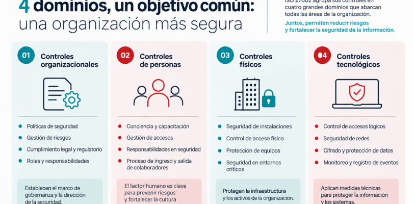 ISO 27002 y sus cuatro dominios de controles de seguridad: organizacionales, personas, físicos y tecnológicos